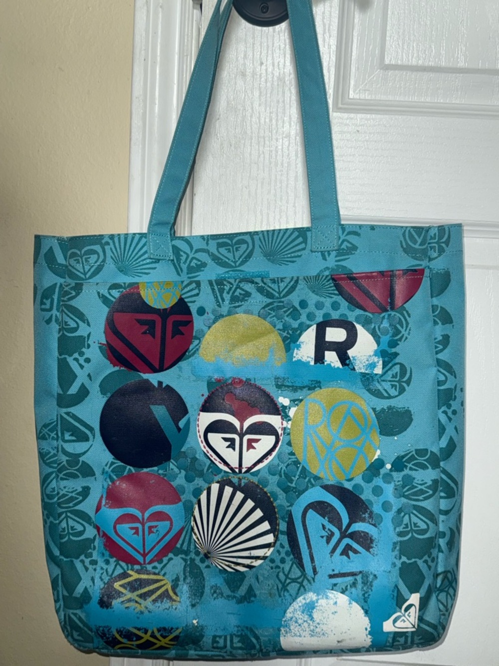 Vintage Y2K 2000s Roxy Anti Bad Vibes Print Teal Large Beach Tote Bag Logo Print